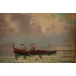 Oil on canvas. A rowing boat at sea. Signed with initials 'A.V'. In a gilt frame. Probably early