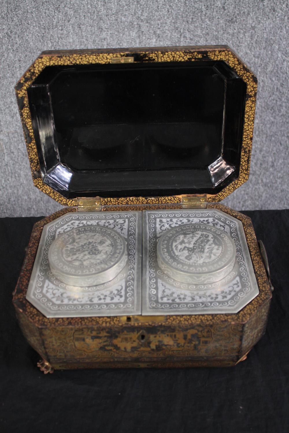 Tea caddy, Regency mahogany and satinwood inlaid and an early 19th century gilt and papier mache - Image 8 of 13