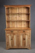 Kitchen dresser, C.1900 pine in two sections. H.162 W.113 D.45cm.