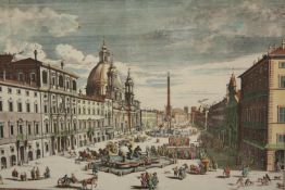 Pierre Mortier. Piazza Navona Rome. A hand coloured reproduction engraving. Framed and glazed. H.