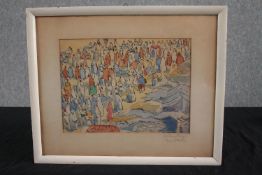 Watercolour. A crowd of people. Signed and dated indistinctly in pencil and again on the mount.