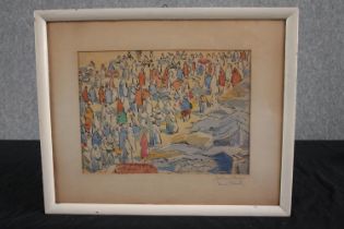 Watercolour. A crowd of people. Signed and dated indistinctly in pencil and again on the mount.