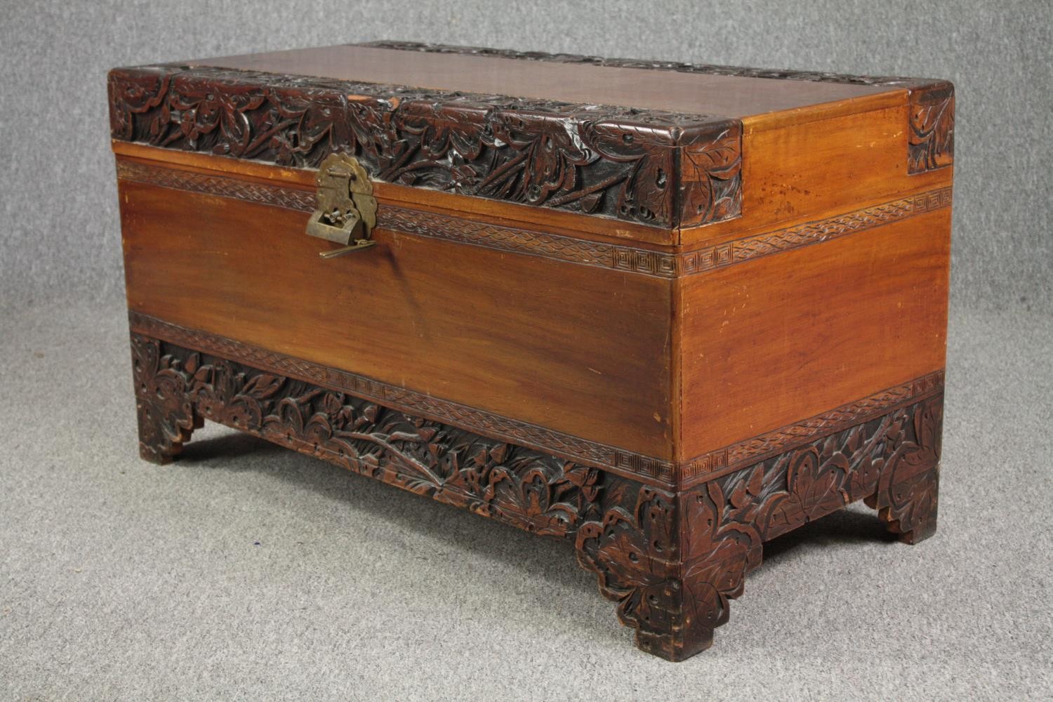 Coffer, early 20th century Chinese carved camphorwood. H.58 W.104 D.52cm. - Image 3 of 9