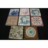 A collection of eight 17th/18th century Delft or possibly Minton tiles. H.15.5 W.15.5cm.