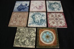 A collection of eight 17th/18th century Delft or possibly Minton tiles. H.15.5 W.15.5cm.