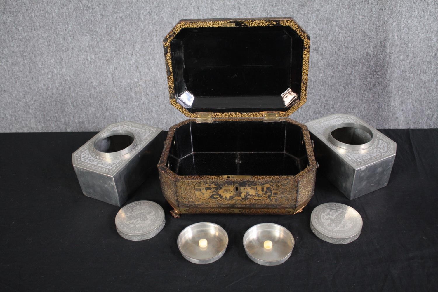 Tea caddy, Regency mahogany and satinwood inlaid and an early 19th century gilt and papier mache - Image 10 of 13