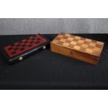 Two chess sets and pieces. One converts into a Backgammon board. L.36 W.19 D.8cm. (largest)