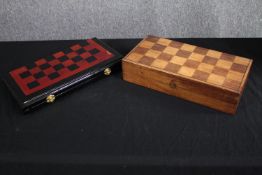Two chess sets and pieces. One converts into a Backgammon board. L.36 W.19 D.8cm. (largest)