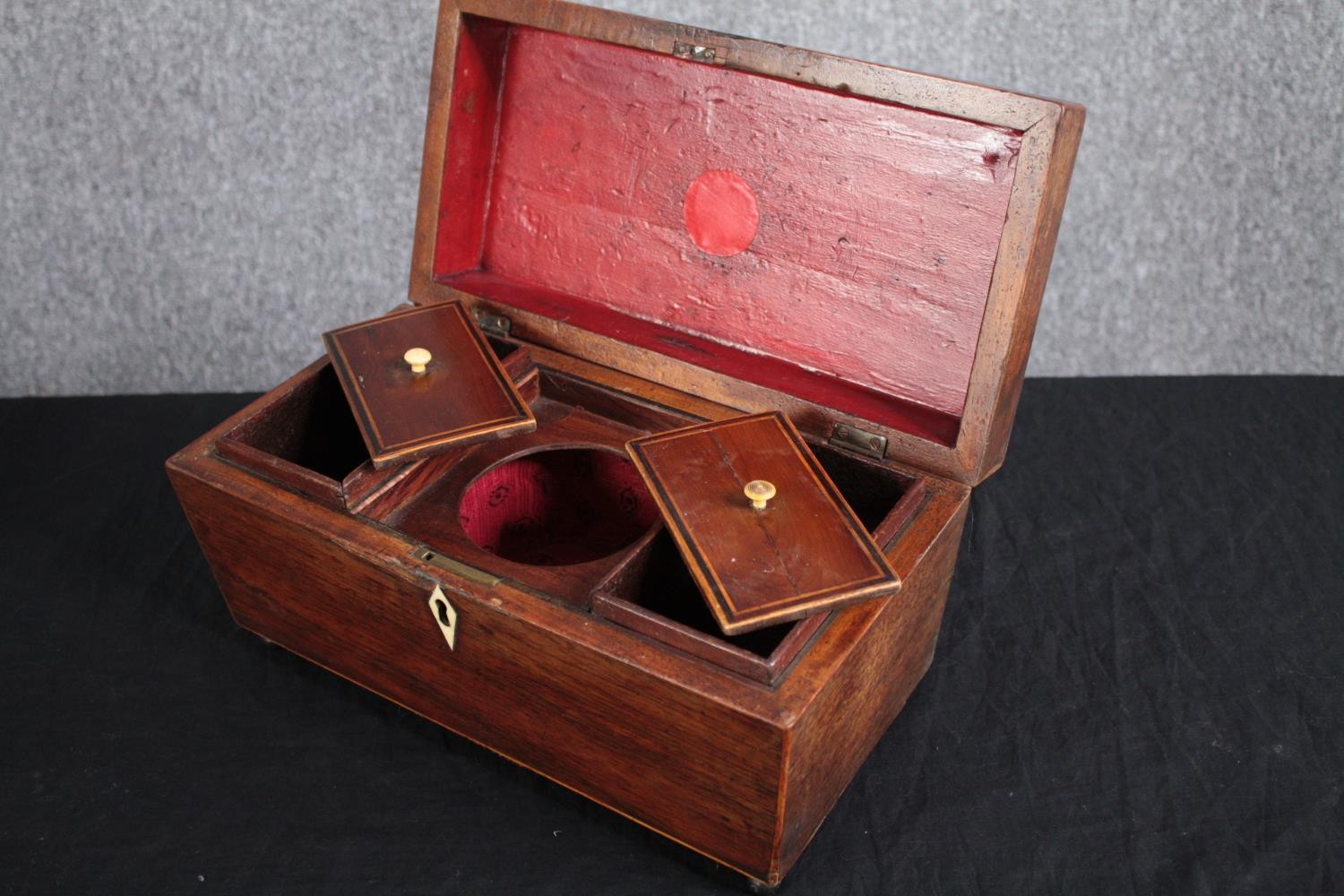 Tea caddy, Regency mahogany and satinwood inlaid and an early 19th century gilt and papier mache - Image 5 of 13