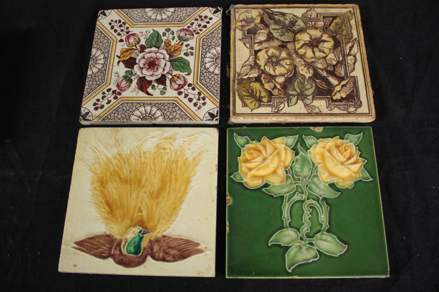 A mixed collection of twelve tiles. Including Art Nouveau and Majolica designs. H.15.5 W.15.5cm. - Image 3 of 5