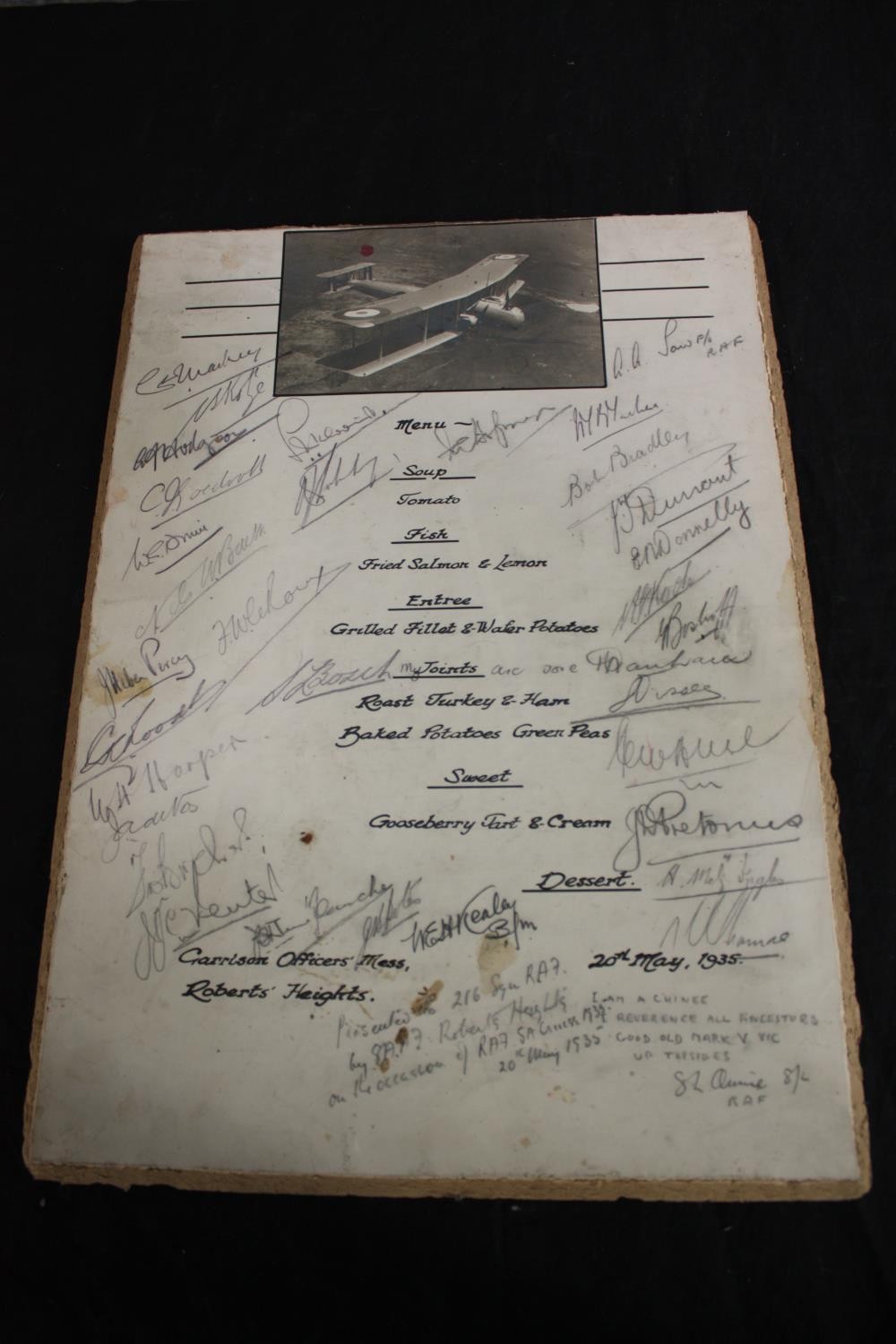 216 Squadron menu signed by the sqn members. Dated 25th May 1935. Signed by pilots and crew in