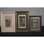 Three Indian pictures. Court paintings and a hunting scene with tigers. H.35 W.23cm. (largest)