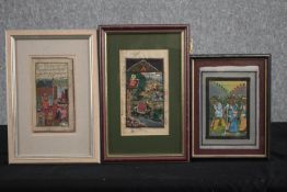 Three Indian pictures. Court paintings and a hunting scene with tigers. H.35 W.23cm. (largest)