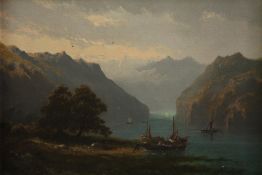 Louis Thomas. Landscape with mountains in the background. Signed lower right. In a gilt frame. H.