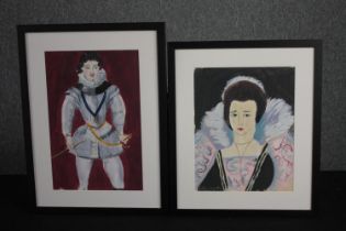 Michaela Gall. A pair of watercolour paintings. The Earl of Essex and Queen Elizabeth I. Signed