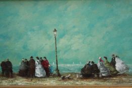 Oil painting on board. Windswept Edwardian spectators on a promenade or at a regatta. Unknown artist