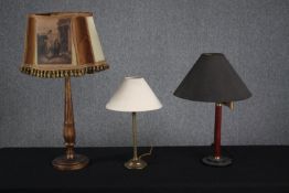 A mixed collection of three table lamps in various styles and sizes. 80cm. (largest)