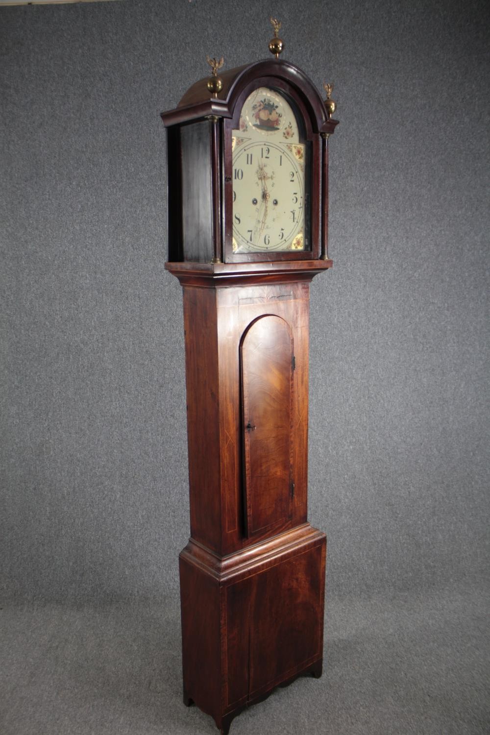 Longcase clock, Georgian mahogany and crossbanded case with satinwood string inlay, painted face and - Image 8 of 11