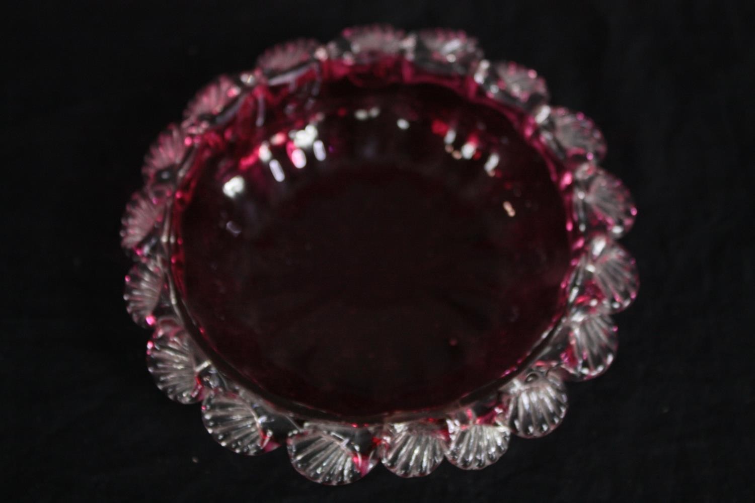 A Victorian decorative Cranberry glass trumpet vase with with ruffled edge and two small Cranberry - Image 3 of 6