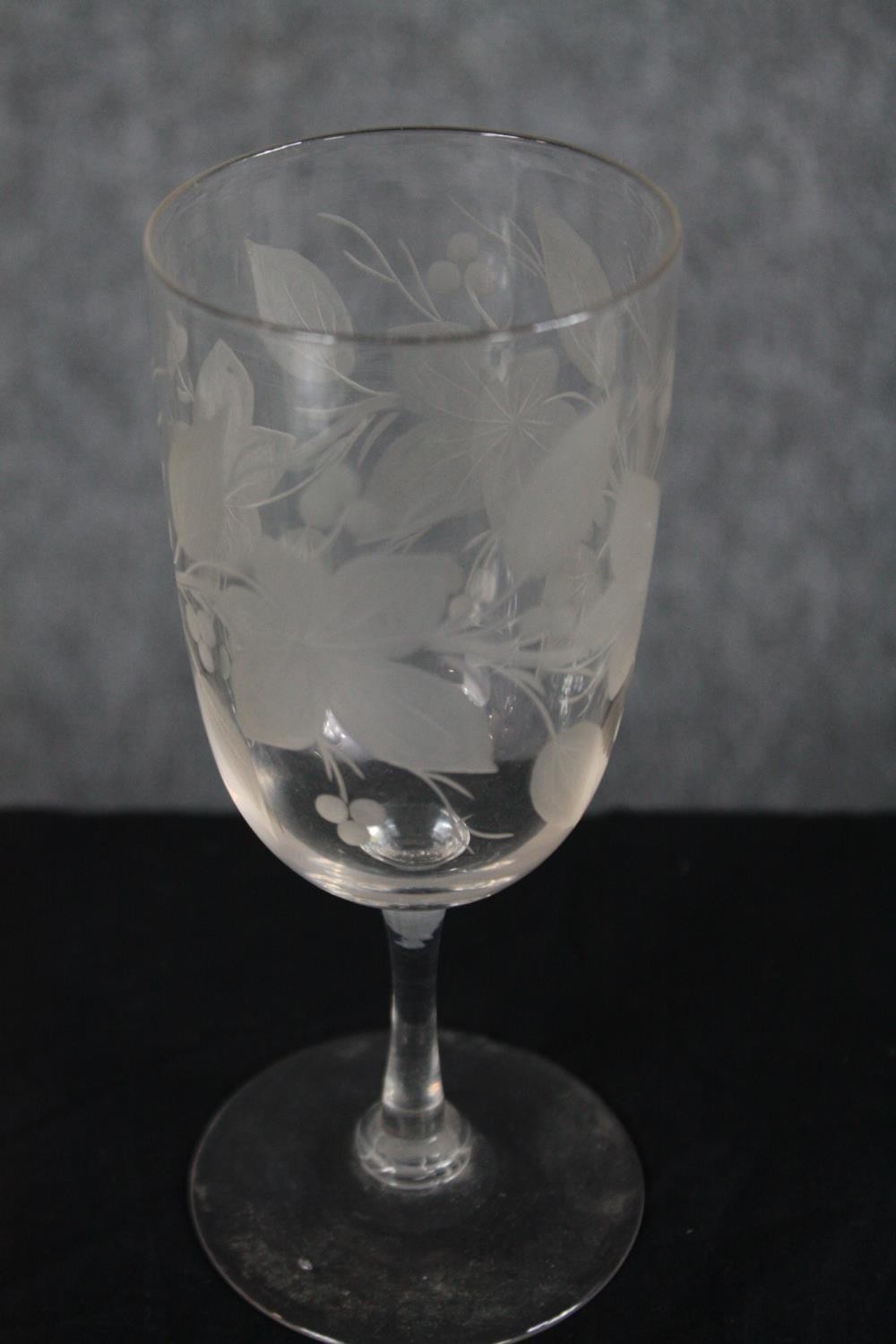 Two etched Victorian wine glasses with etched foliate and fruit design with a matching wine jug - Image 2 of 4