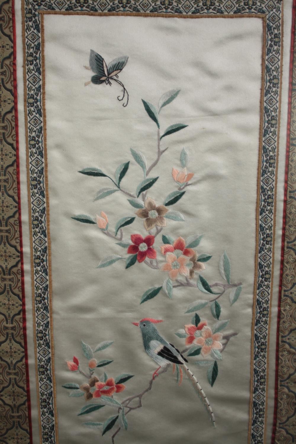 Needlework art. Chinese silk Embroidery. Birds on a branch. Framed and glazed. H.70 W.36cm. (each) - Image 3 of 4