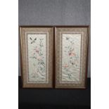 Needlework art. Chinese silk Embroidery. Birds on a branch. Framed and glazed. H.70 W.36cm. (each)