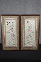 Needlework art. Chinese silk Embroidery. Birds on a branch. Framed and glazed. H.70 W.36cm. (each)