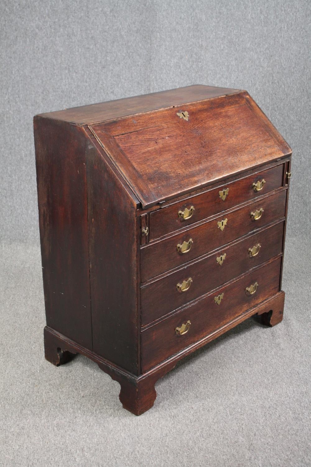 Bureau, Georgian oak with fitted interior. H.101 W.92 D.52cm. (Some wear and tear commensurate - Image 3 of 7