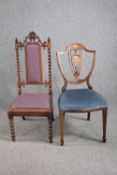 A late 19th century mahogany side chair and an Edwardian mahogany inlaid dining chair.