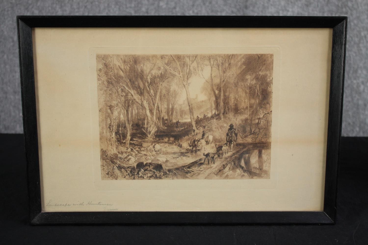 Engraving. In the style of William Turner. Titled 'Landscape with Huntsman' and signed indistinctly. - Image 2 of 4