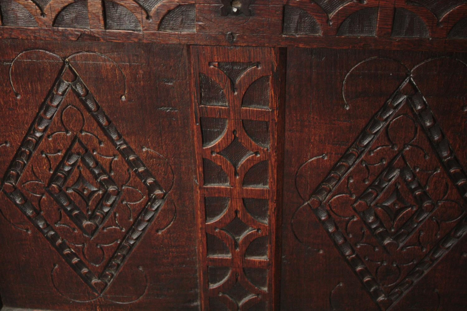 Coffer, late 17th century or early 18th century lozenge carved oak panels on stile supports. H.69 - Image 6 of 7