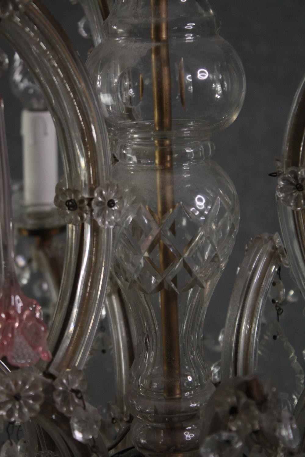 A Murano glass chandelier with six brass branches. Decorated with crystal swags, pale pink glass - Image 6 of 6