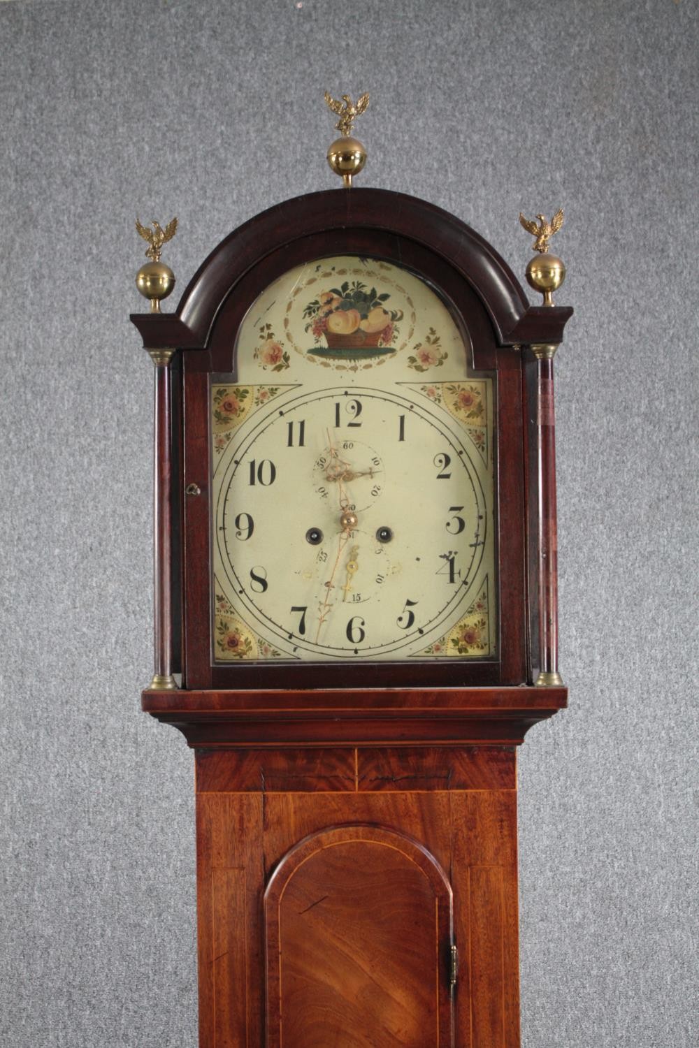 Longcase clock, Georgian mahogany and crossbanded case with satinwood string inlay, painted face and - Image 2 of 11