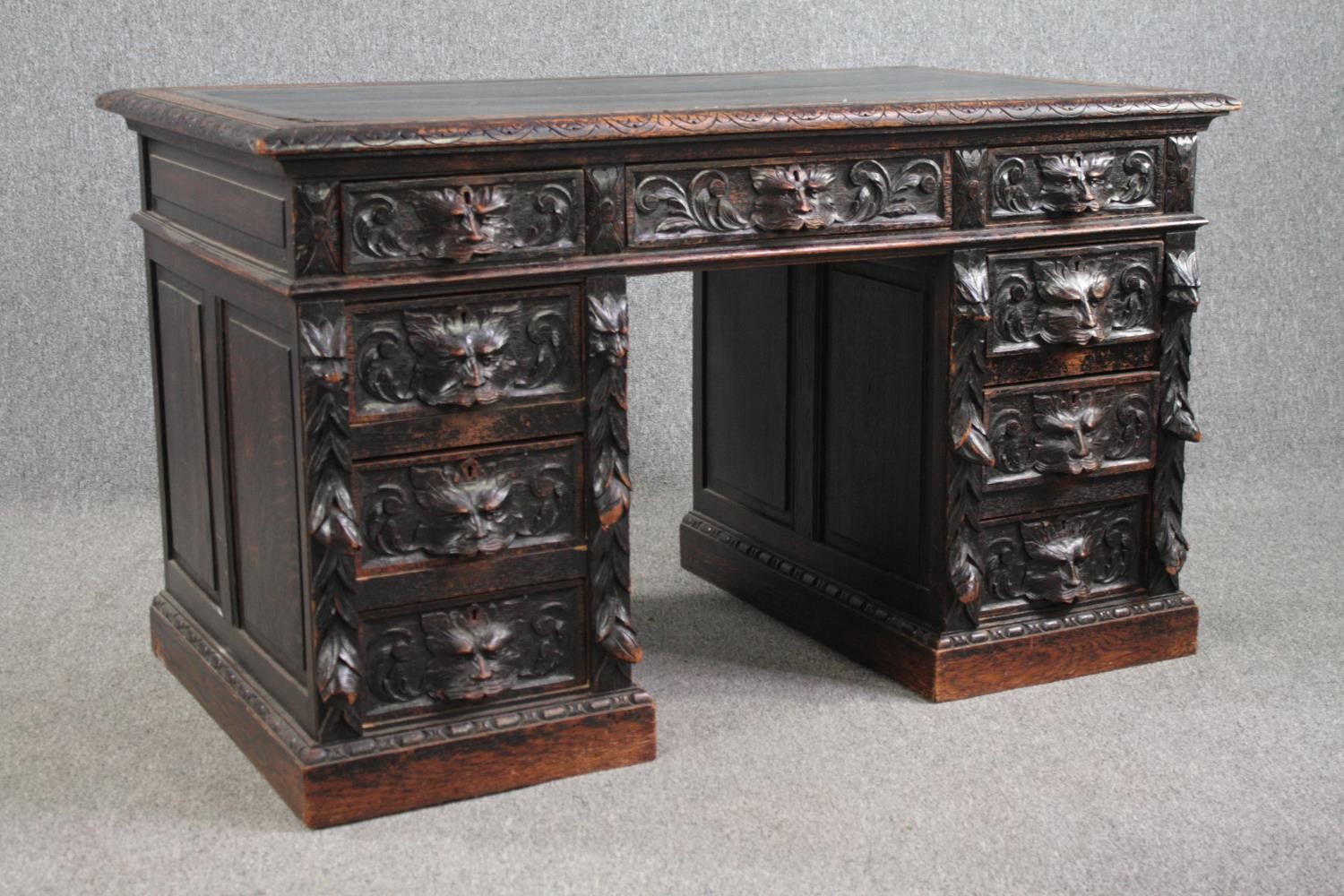 Pedestal desk, late 19th century carved oak with Green Man mask handles and tooled leather inset - Image 3 of 7