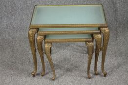 Occasional tables, a nest of three graduating vintage brass and glass. H.44 W.52 D.32cm. (largest)