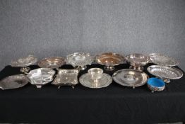 A collection of silver plated bowls and pedestal dishes. Dia. 30cm. (largest)