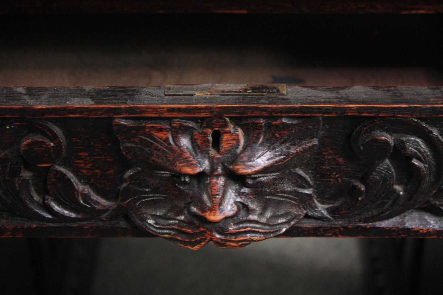 Pedestal desk, late 19th century carved oak with Green Man mask handles and tooled leather inset - Image 5 of 7