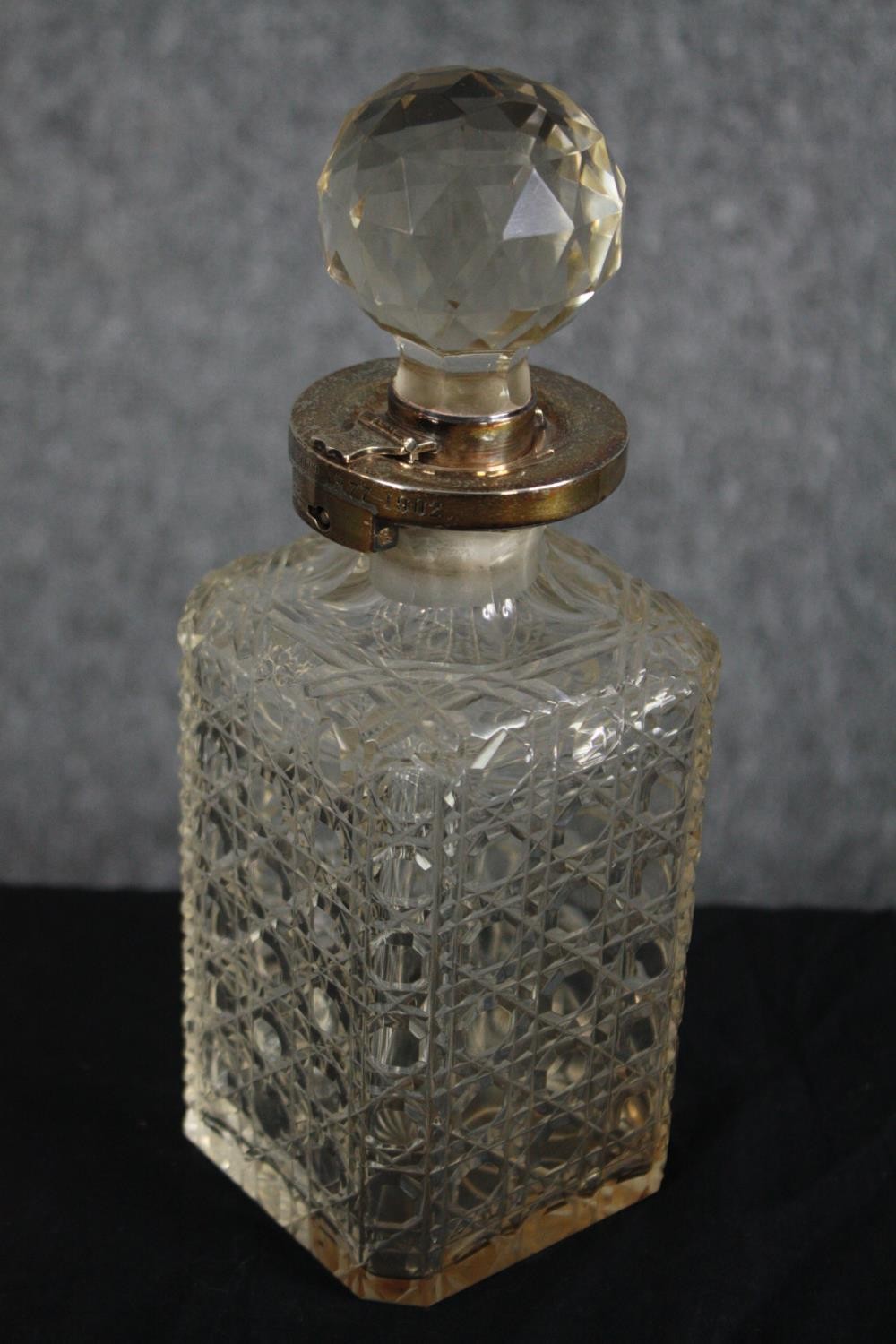 A rare antique cut glass decanter with silver Betjemann's patent lock. Missing its key but unlocked. - Image 2 of 3