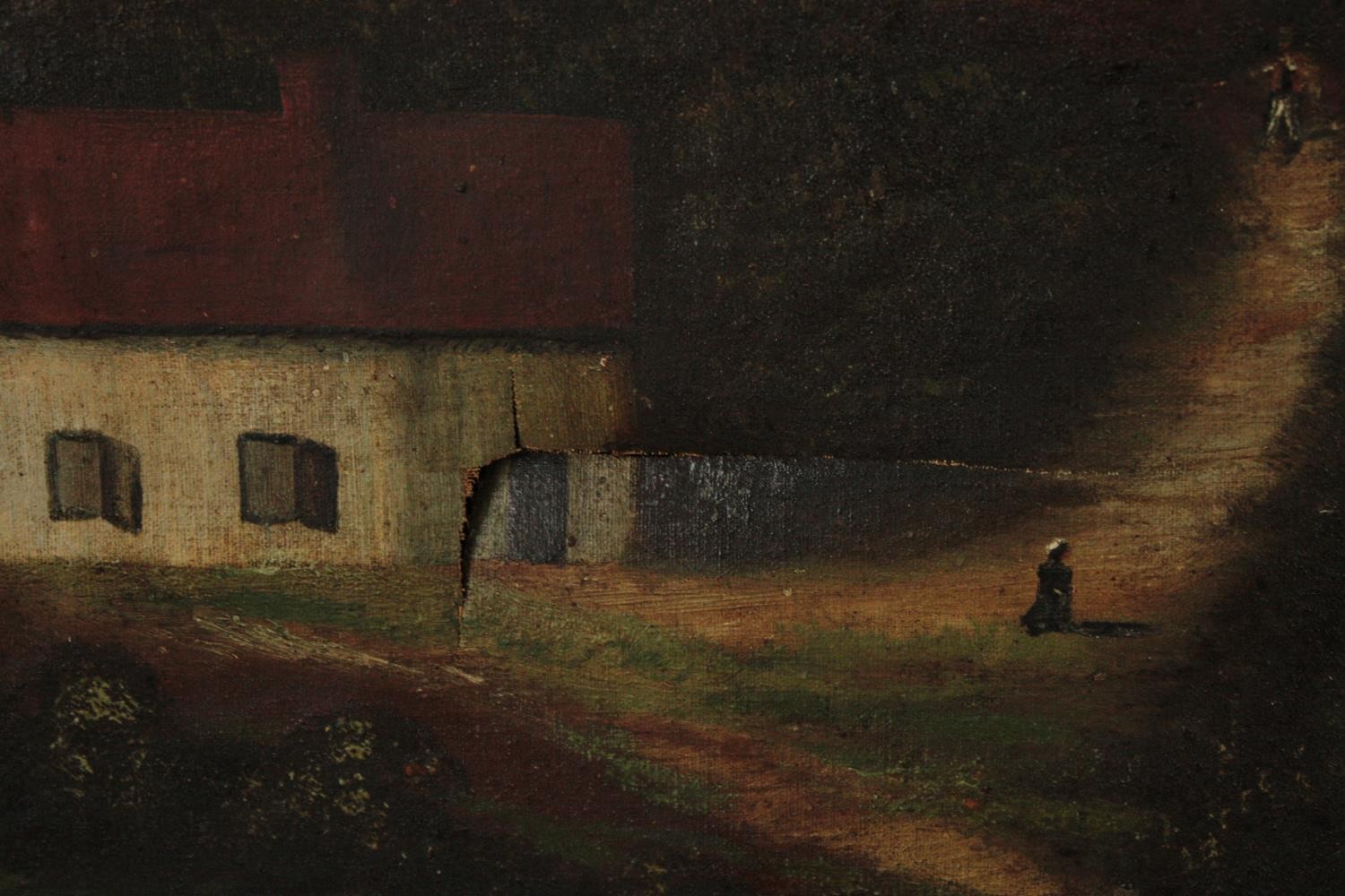 Oil painting on canvas. Probably late eighteenth century. Two mills on a river bank. Unsigned. - Image 3 of 4