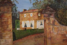 A large oil on canvas. The gates to the house. Signed 'Geoffrey' but surname is illegible. H.134 W.