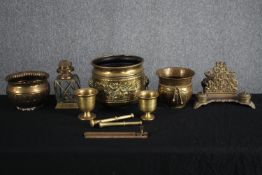 An assortment of brass items including a letter rack, cups, bowls, and a lantern. H.22 Dia.26cm. (