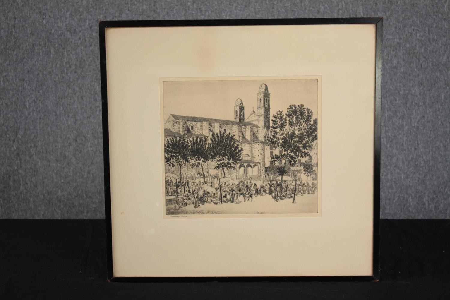 Etching. 'Market Place Bastia Corsica. Signed 'William Gwen'. Framed and glazed. H.53 W.55cm. - Image 2 of 5