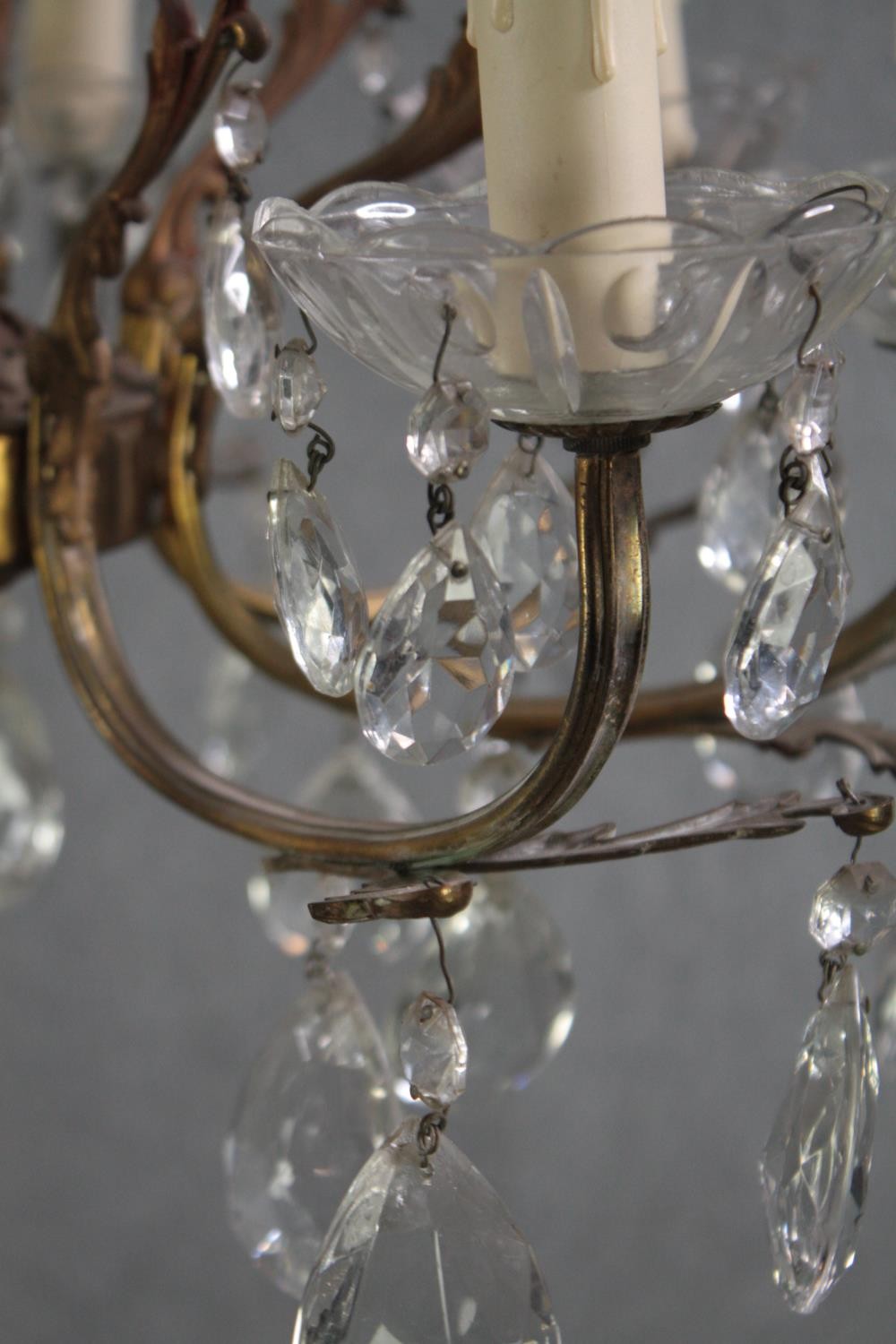 A small French foliate design chandelier with seven branches. Decorated with hanging teardrop - Image 5 of 5