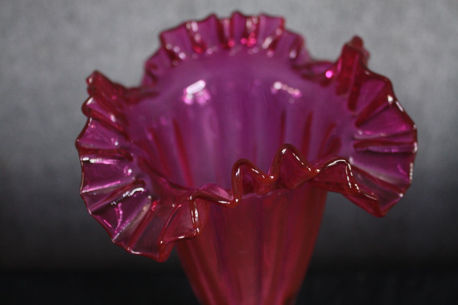 A Victorian decorative Cranberry glass trumpet vase with with ruffled edge and two small Cranberry - Image 6 of 6