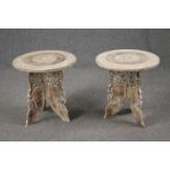 Lamp tables, a pair, vintage carved Eastern hardwood. H.48 Dia. 45cm. (each)