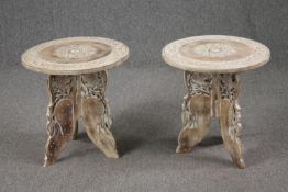 Lamp tables, a pair, vintage carved Eastern hardwood. H.48 Dia. 45cm. (each)