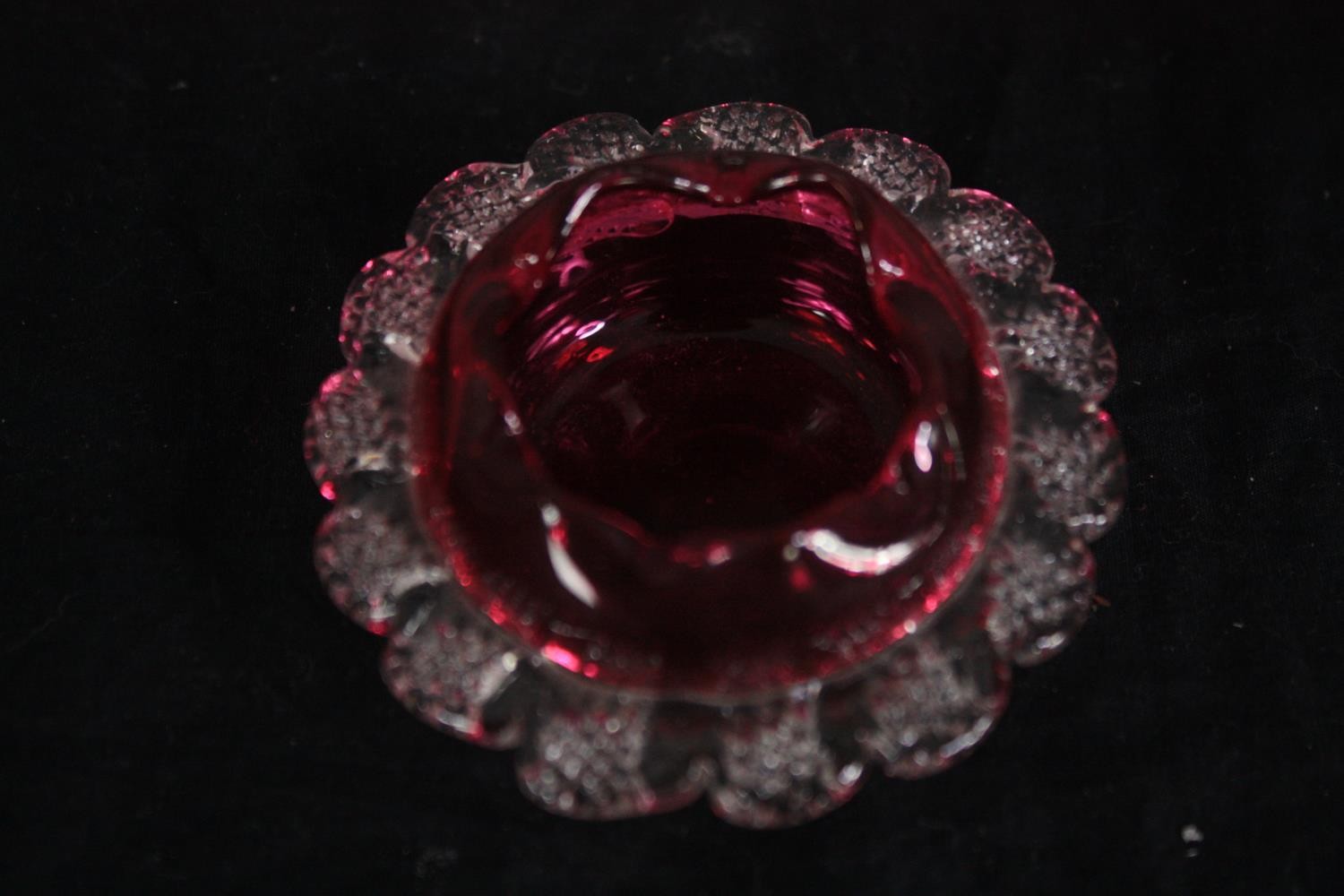 A Victorian decorative Cranberry glass trumpet vase with with ruffled edge and two small Cranberry - Image 2 of 6