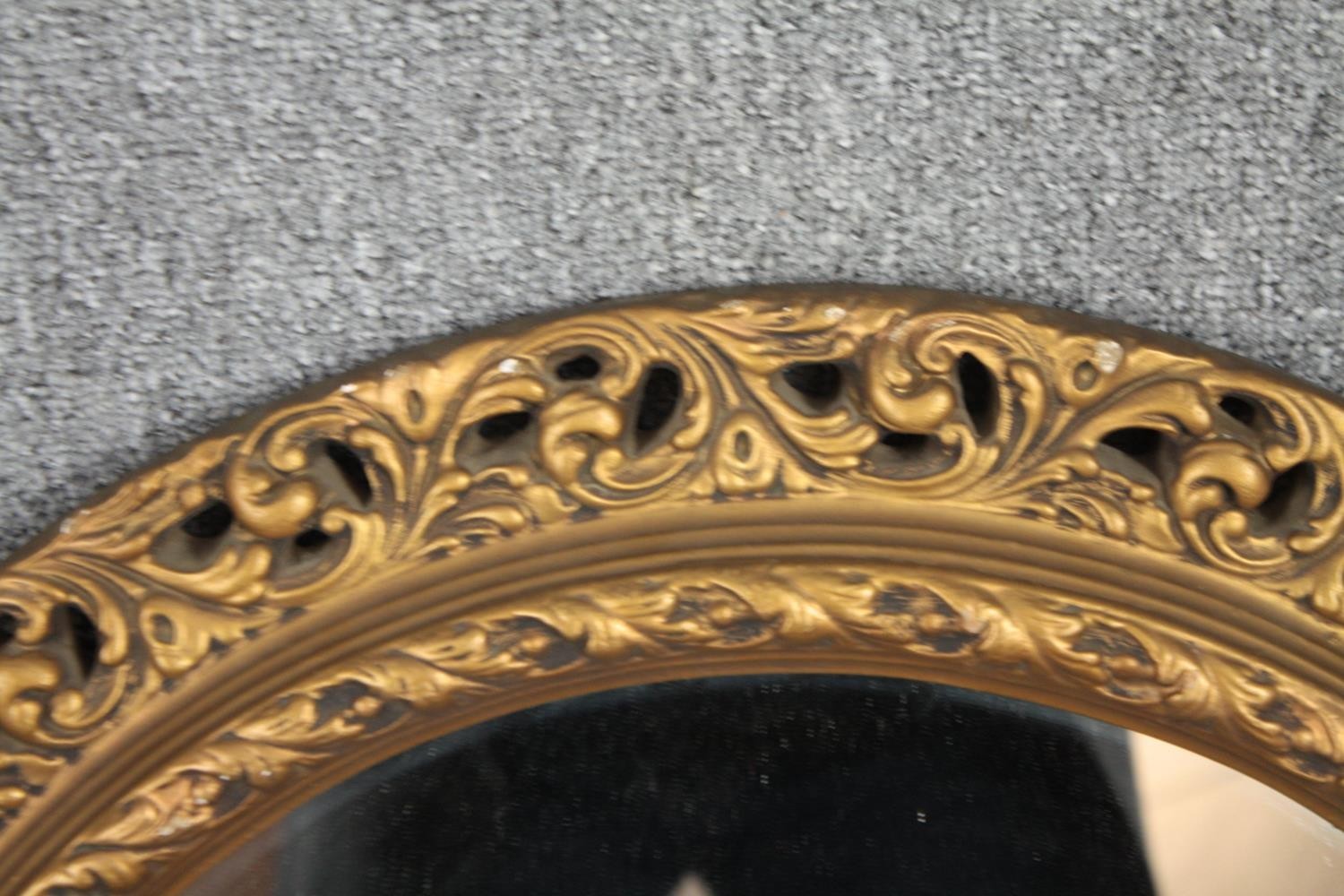 Two wall mirrors, gilt foliate with rectangular bevelled plate and a vintage circular mirror. H.92 - Image 6 of 8