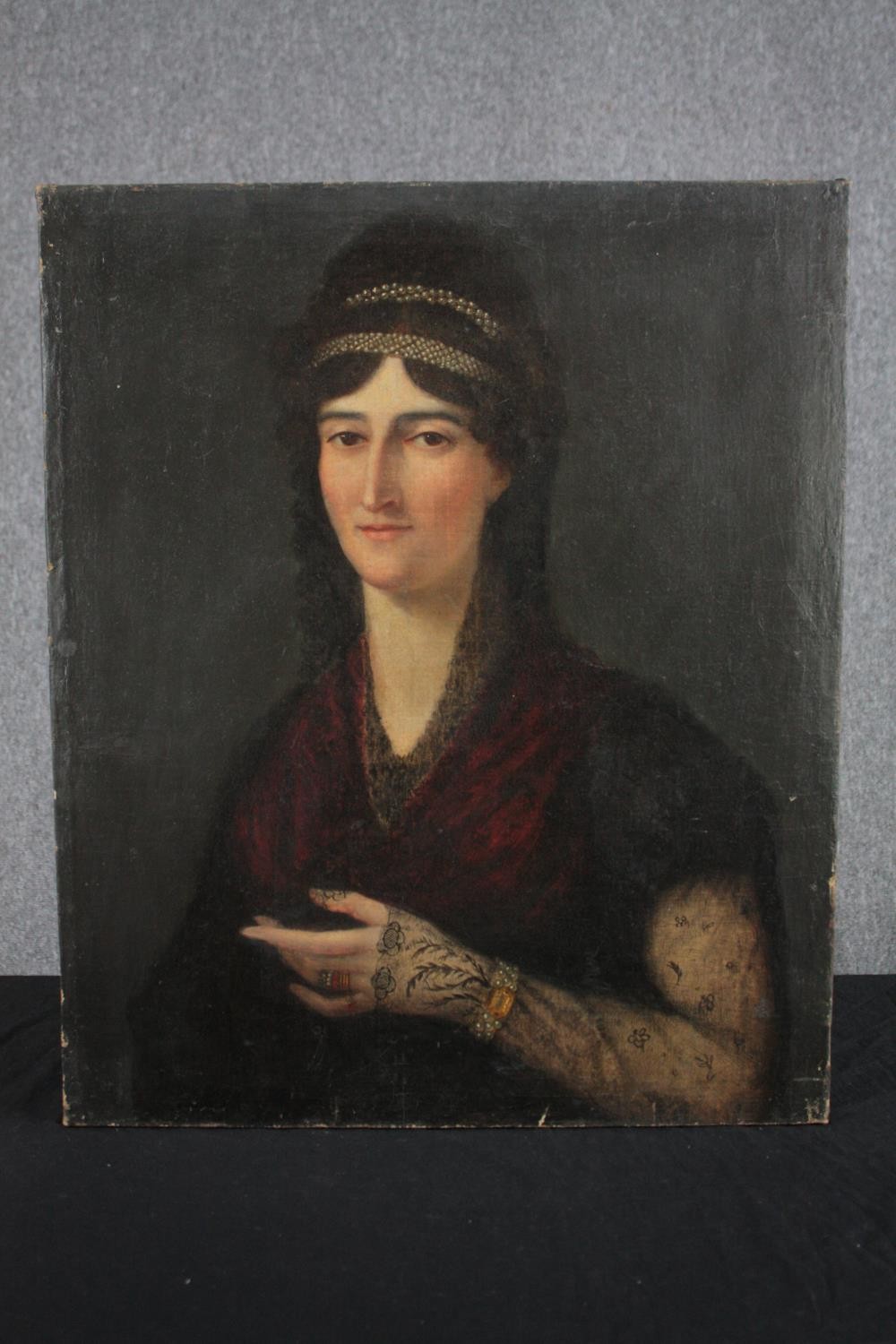 Oil painting on canvas. A Spanish lady wearing delicate patterned embroidery and jewellery. Probably - Image 2 of 3