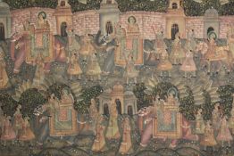 A large and highly detailed Indian painting on light cotton. A court painting showing a procession